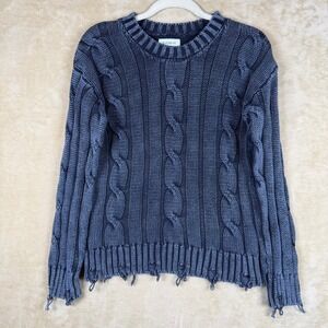 Evereve NWT Oaklee Pullover Sweater Washed Navy Distressed Cable Knit Cotton XS